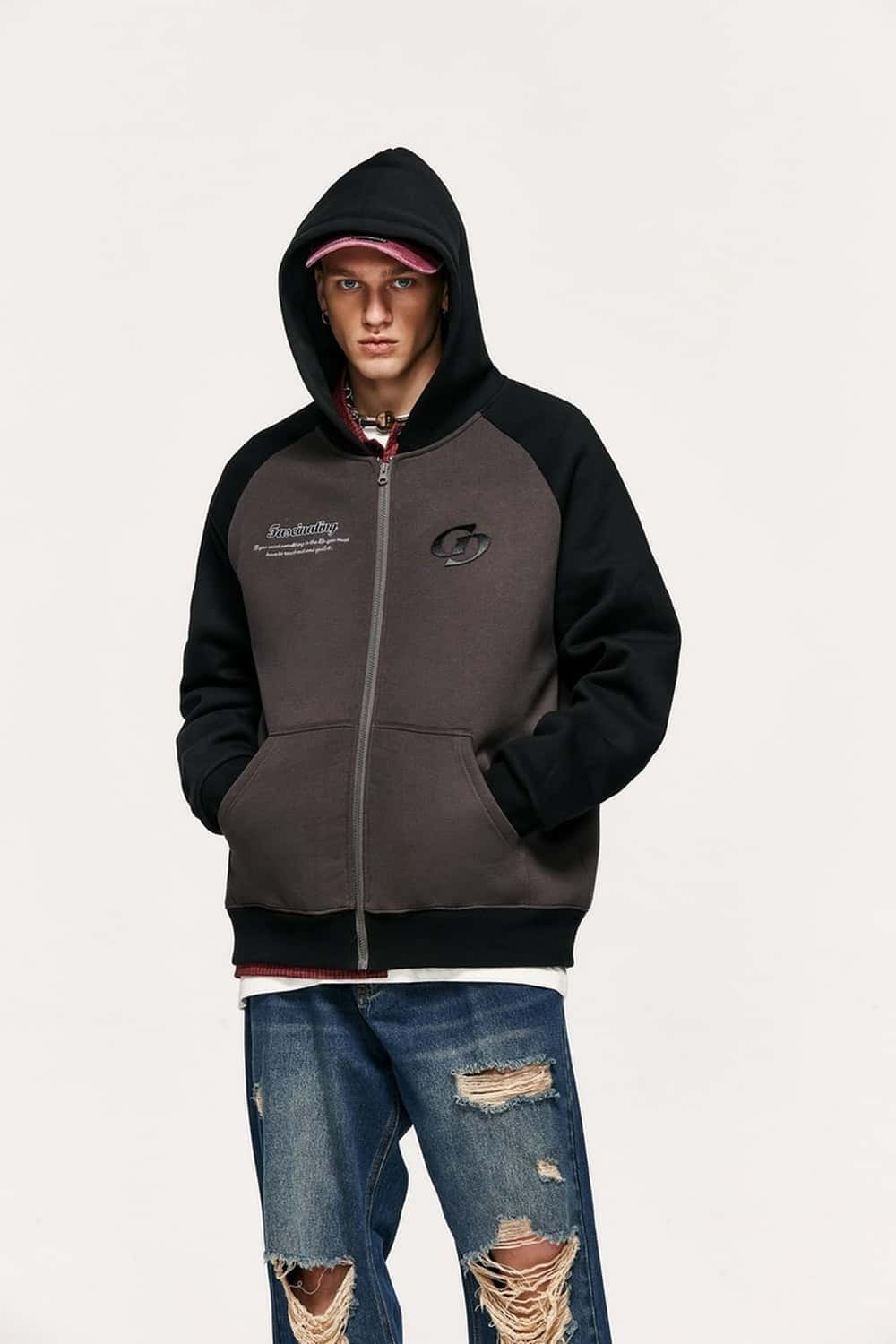 Colorblock Embroidered Zip Hoodie - Dark Gray