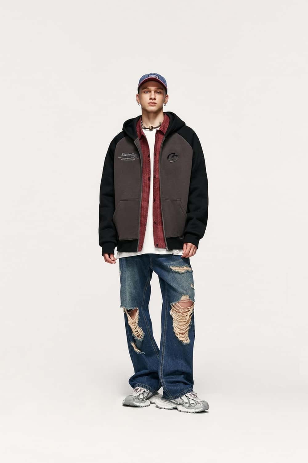Colorblock Embroidered Zip Hoodie - Dark Gray