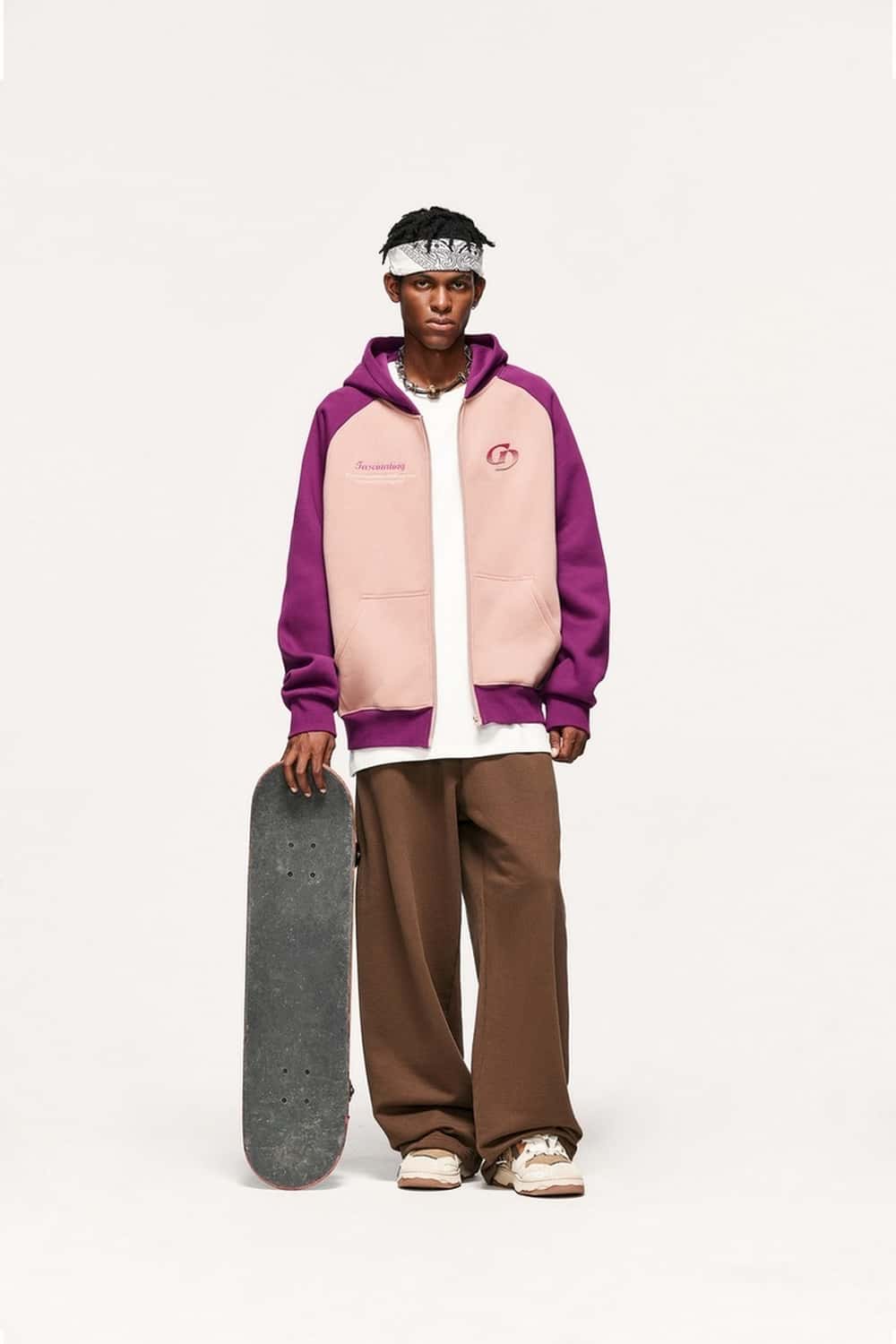 Colorblock Embroidered Zip Hoodie - Pale Pink