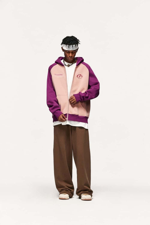 Colorblock Embroidered Zip Hoodie - Pale Pink