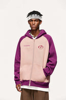 Colorblock Embroidered Zip Hoodie - Pale Pink