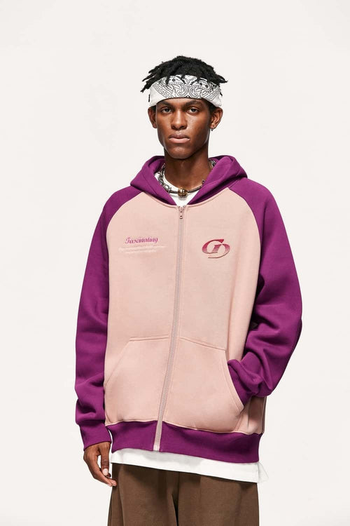 Colorblock Embroidered Zip Hoodie - Pale Pink