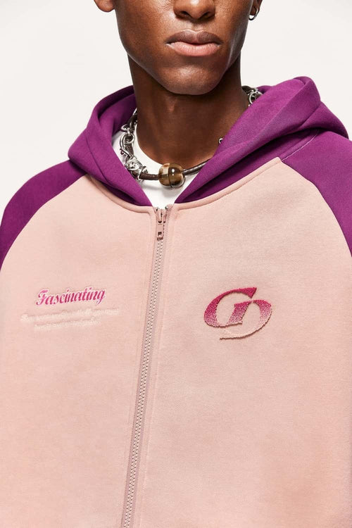 Colorblock Embroidered Zip Hoodie - Pale Pink