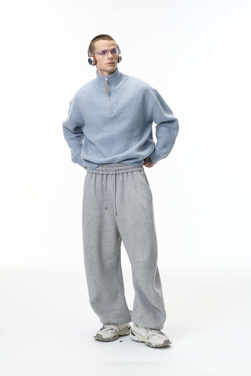 Ribbed Half-Zip High-Neck Sweater - Baby Blue