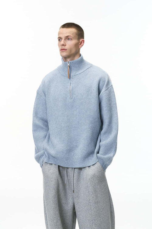 Ribbed Half-Zip High-Neck Sweater - Baby Blue