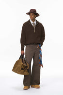 Ribbed Half-Zip High-Neck Sweater - Brown