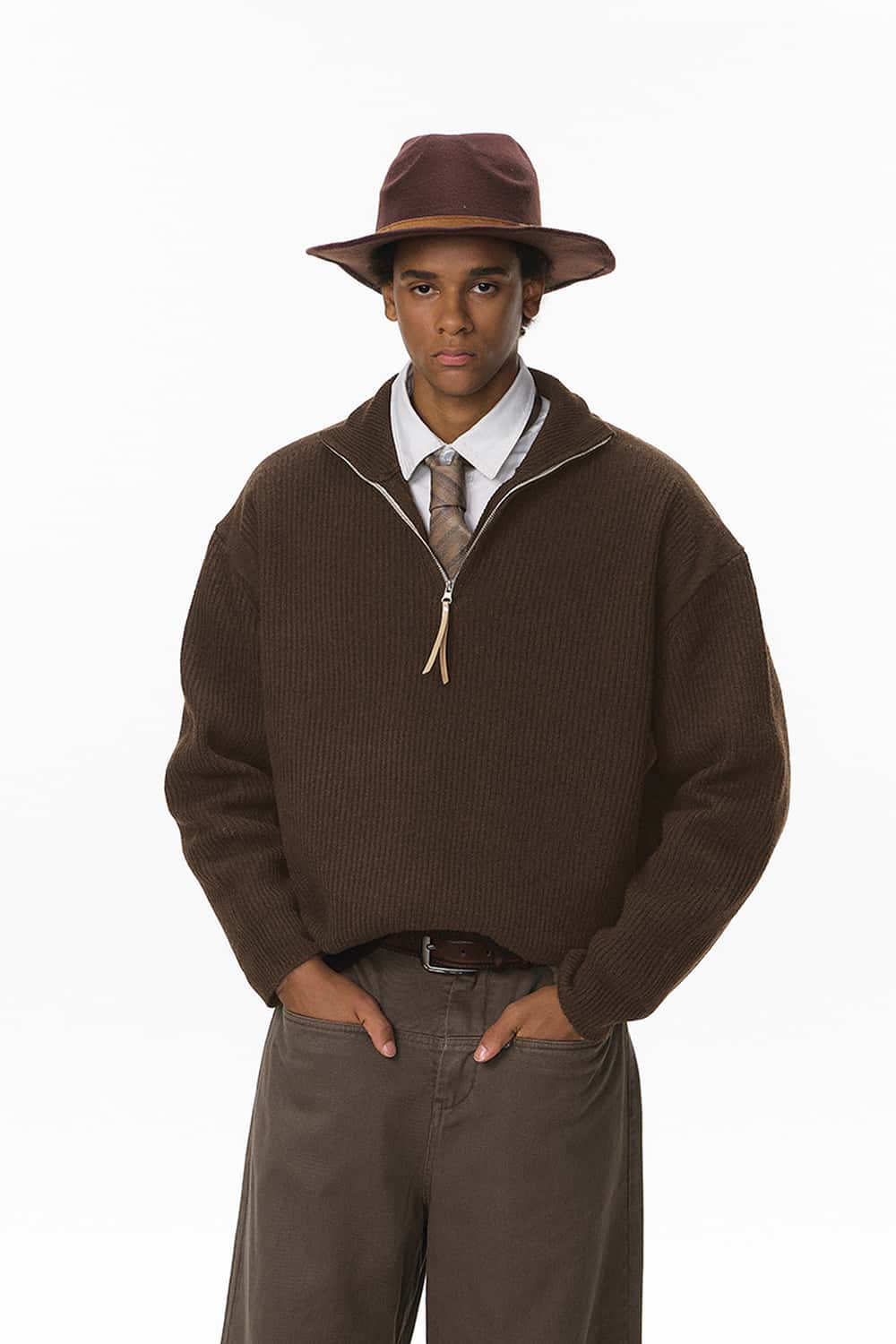 Ribbed Half-Zip High-Neck Sweater - Brown