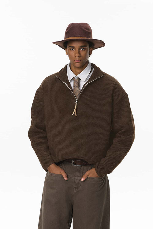 Ribbed Half-Zip High-Neck Sweater - Brown