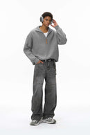 Ribbed Half-Zip High-Neck Sweater - Flower Gray