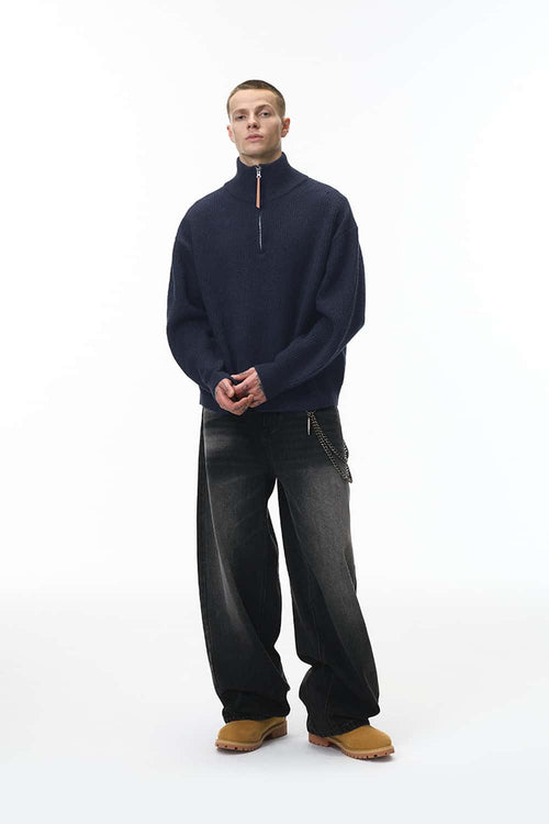 Ribbed Half-Zip High-Neck Sweater - Navy Blue