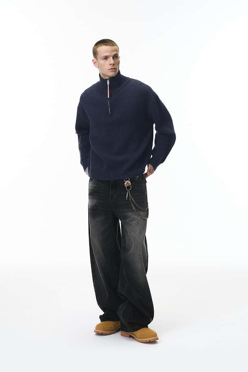 Ribbed Half-Zip High-Neck Sweater - Navy Blue