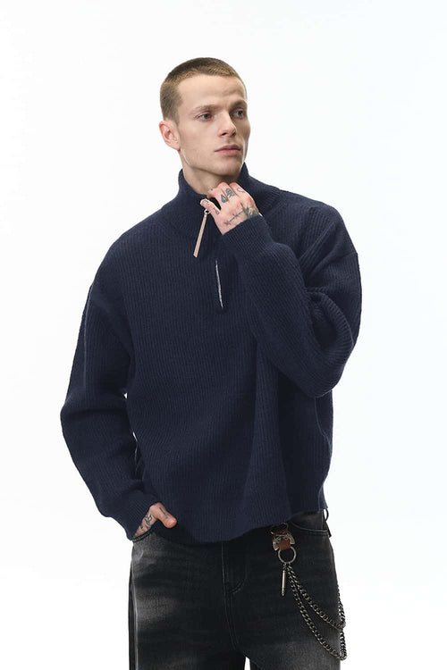 Ribbed Half-Zip High-Neck Sweater - Navy Blue