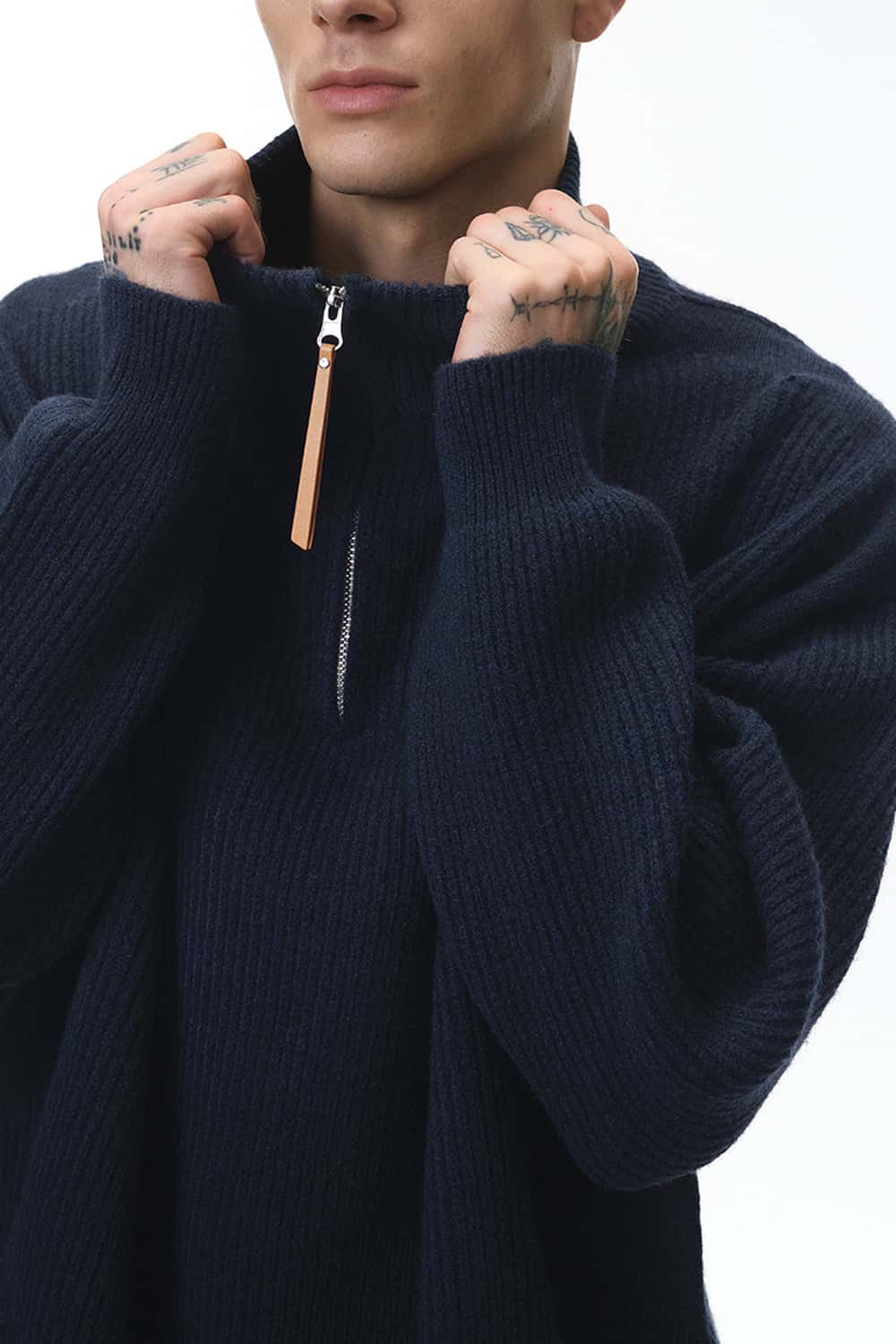 Ribbed Half-Zip High-Neck Sweater - Navy Blue