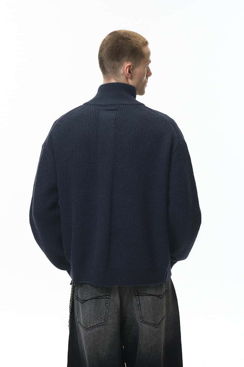 Ribbed Half-Zip High-Neck Sweater - Navy Blue