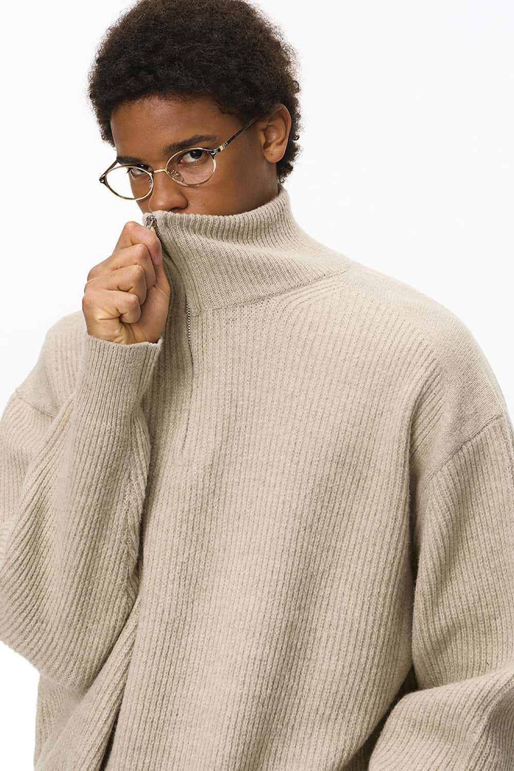 Ribbed Half-Zip High-Neck Sweater - Oat Gray