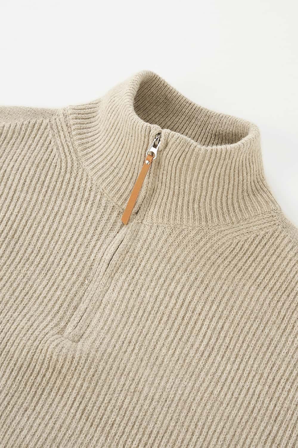 Ribbed Half-Zip High-Neck Sweater - Oat Gray