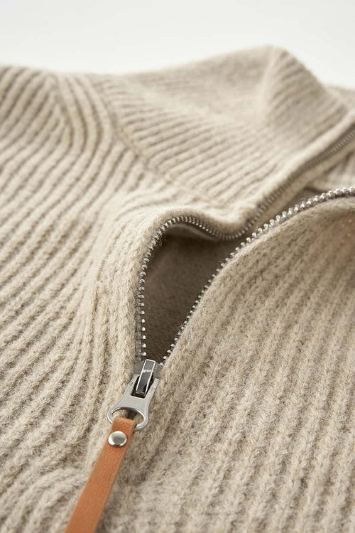 Ribbed Half-Zip High-Neck Sweater - Oat Gray