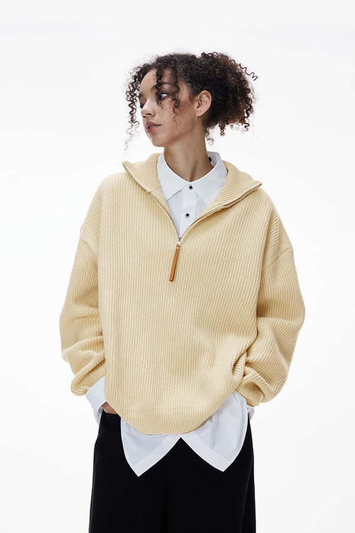 Ribbed Half-Zip High-Neck Sweater - Yellow