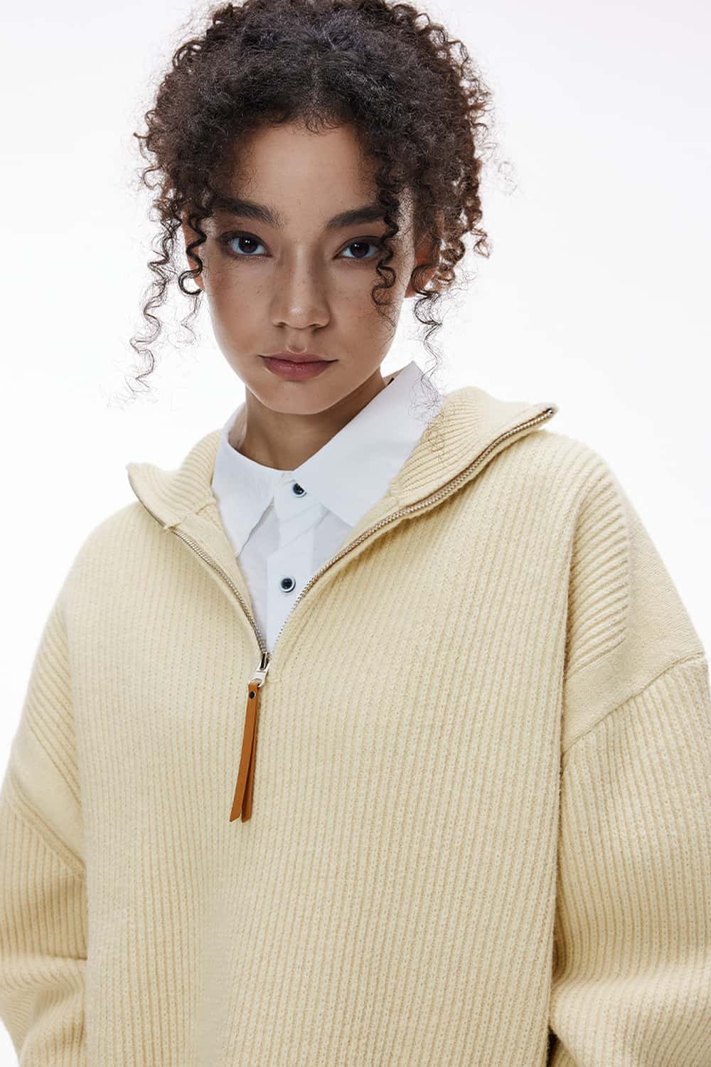 Ribbed Half-Zip High-Neck Sweater - Yellow
