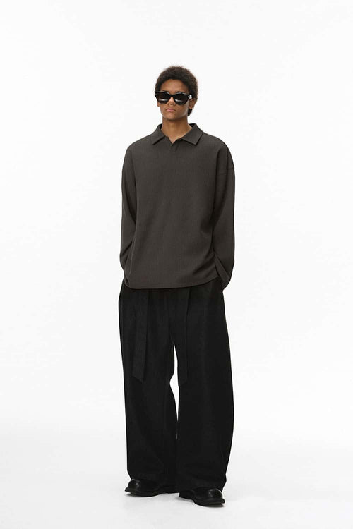 Waffle Open-Collar Long Sleeve Polo - Coffee