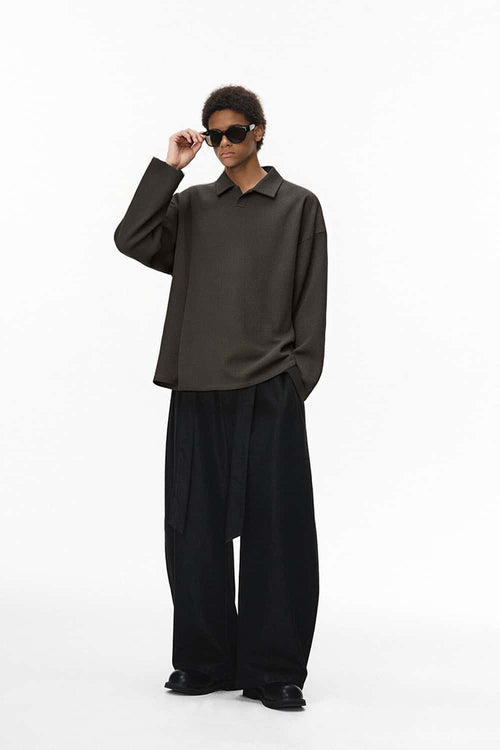 Waffle Open-Collar Long Sleeve Polo - Coffee