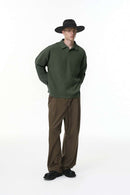 Waffle Open-Collar Long Sleeve Polo - Grayish Green