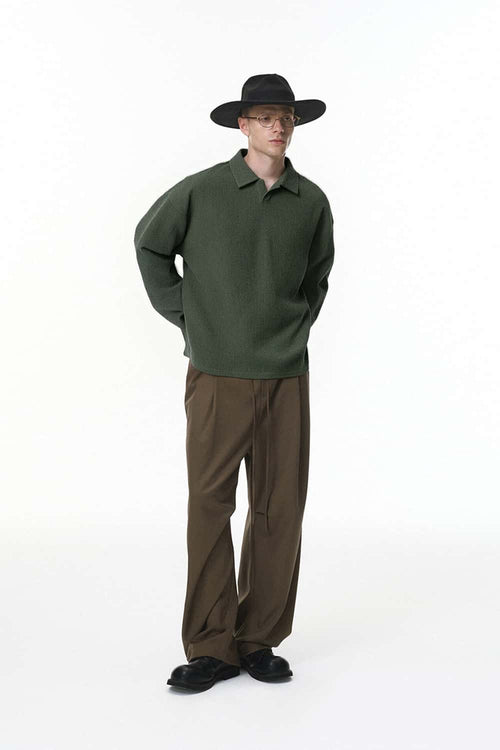 Waffle Open-Collar Long Sleeve Polo - Grayish Green
