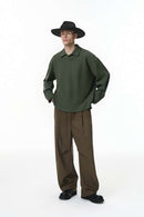 Waffle Open-Collar Long Sleeve Polo - Grayish Green