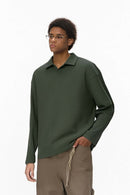 Waffle Open-Collar Long Sleeve Polo - Grayish Green
