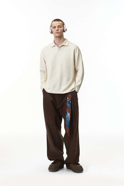 Waffle Open-Collar Long Sleeve Polo - Off White