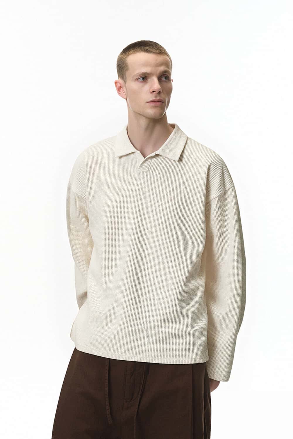 Waffle Open-Collar Long Sleeve Polo - Off White