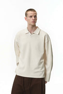 Waffle Open-Collar Long Sleeve Polo - Off White