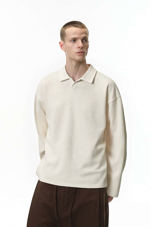 Waffle Open-Collar Long Sleeve Polo - Off White
