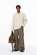 Waffle Open-Collar Long Sleeve Polo - Off White
