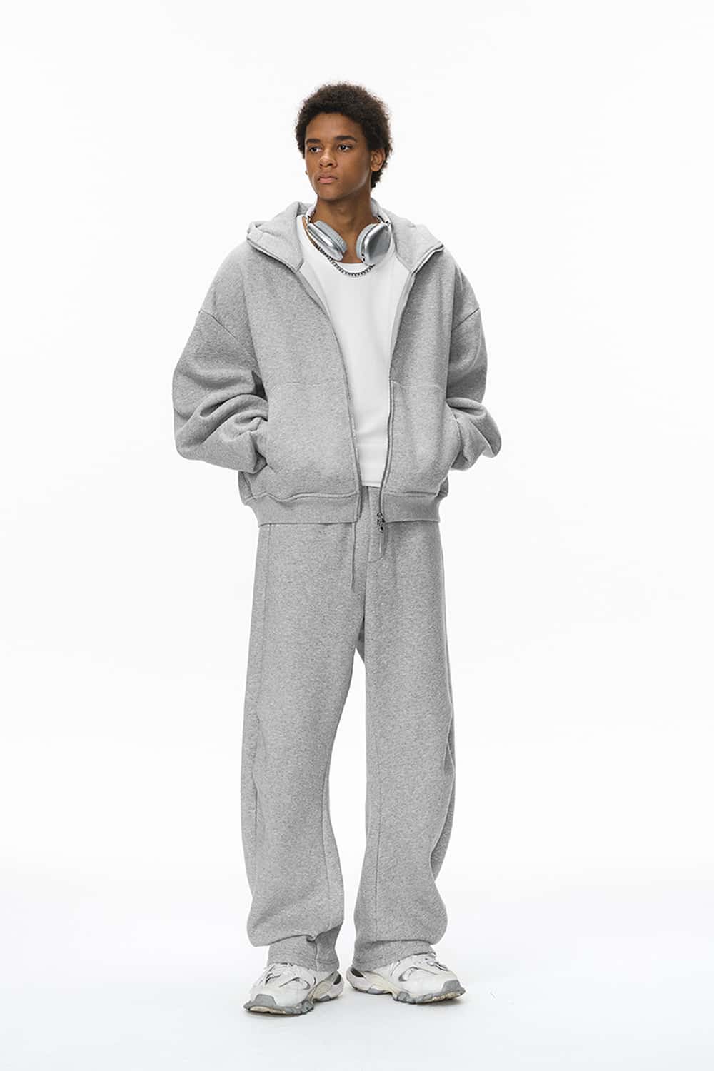 Fleece Curved-Leg Sweatpants - Flower Gray