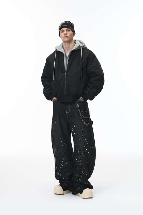 Detachable Hood Bomber Jacket - Black