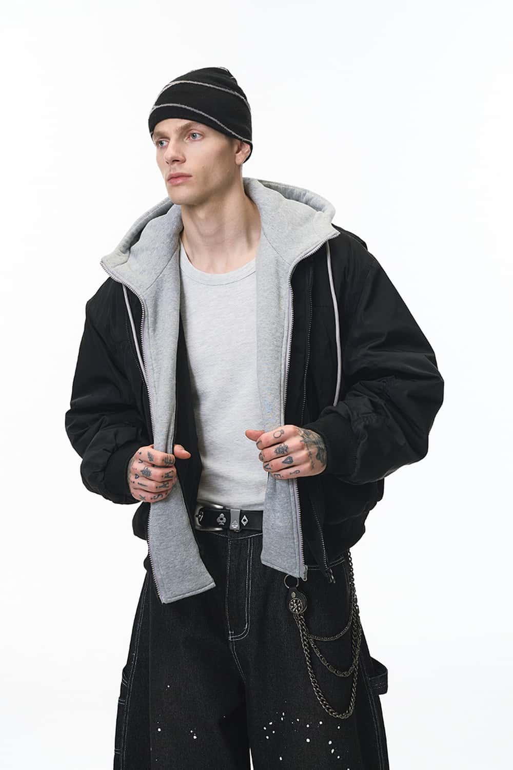 Detachable Hood Bomber Jacket - Black