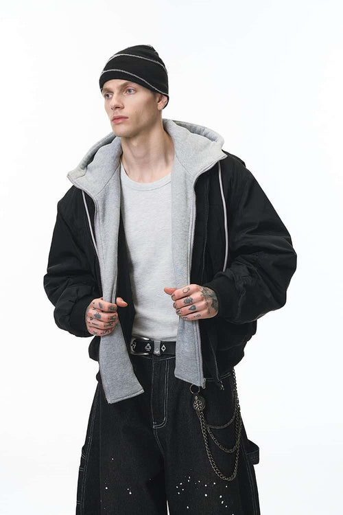 Detachable Hood Bomber Jacket - Black