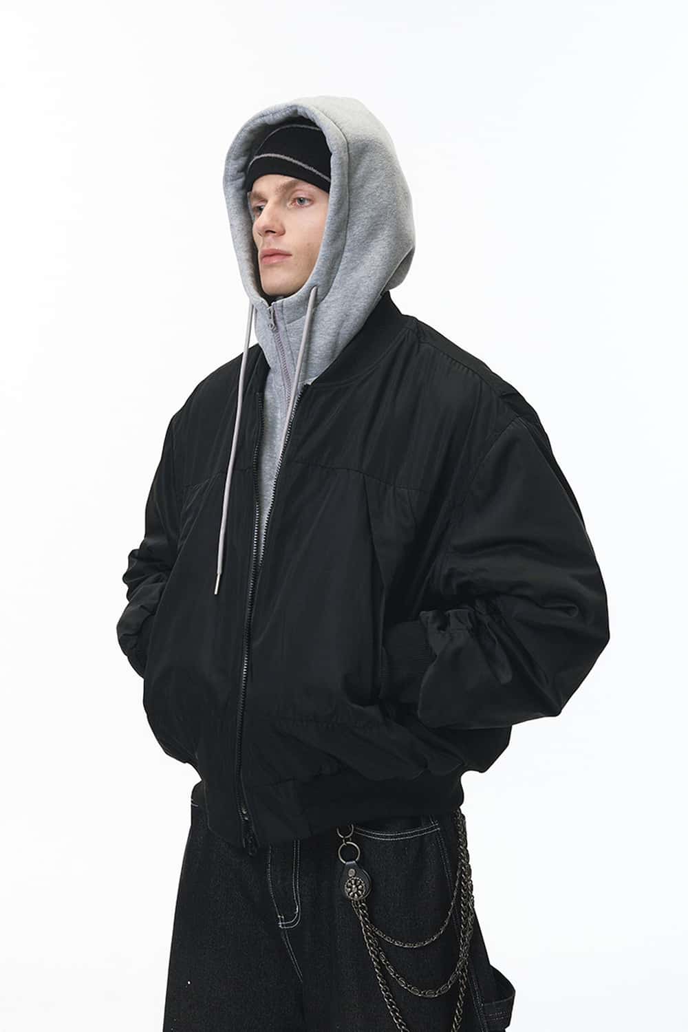 Detachable Hood Bomber Jacket - Black