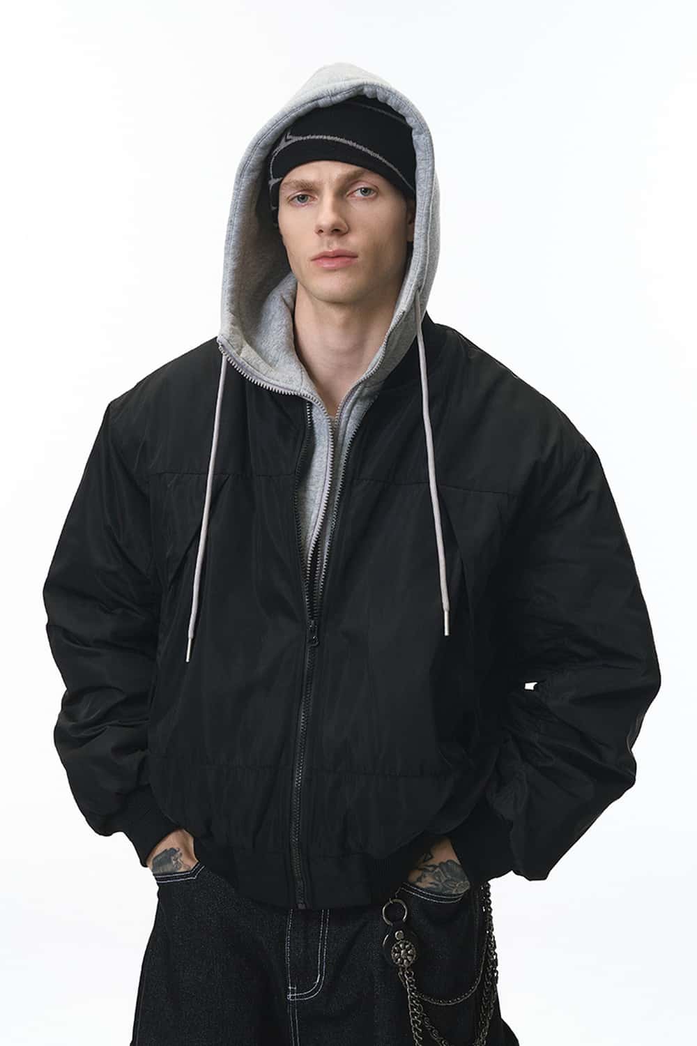 Detachable Hood Bomber Jacket - Black