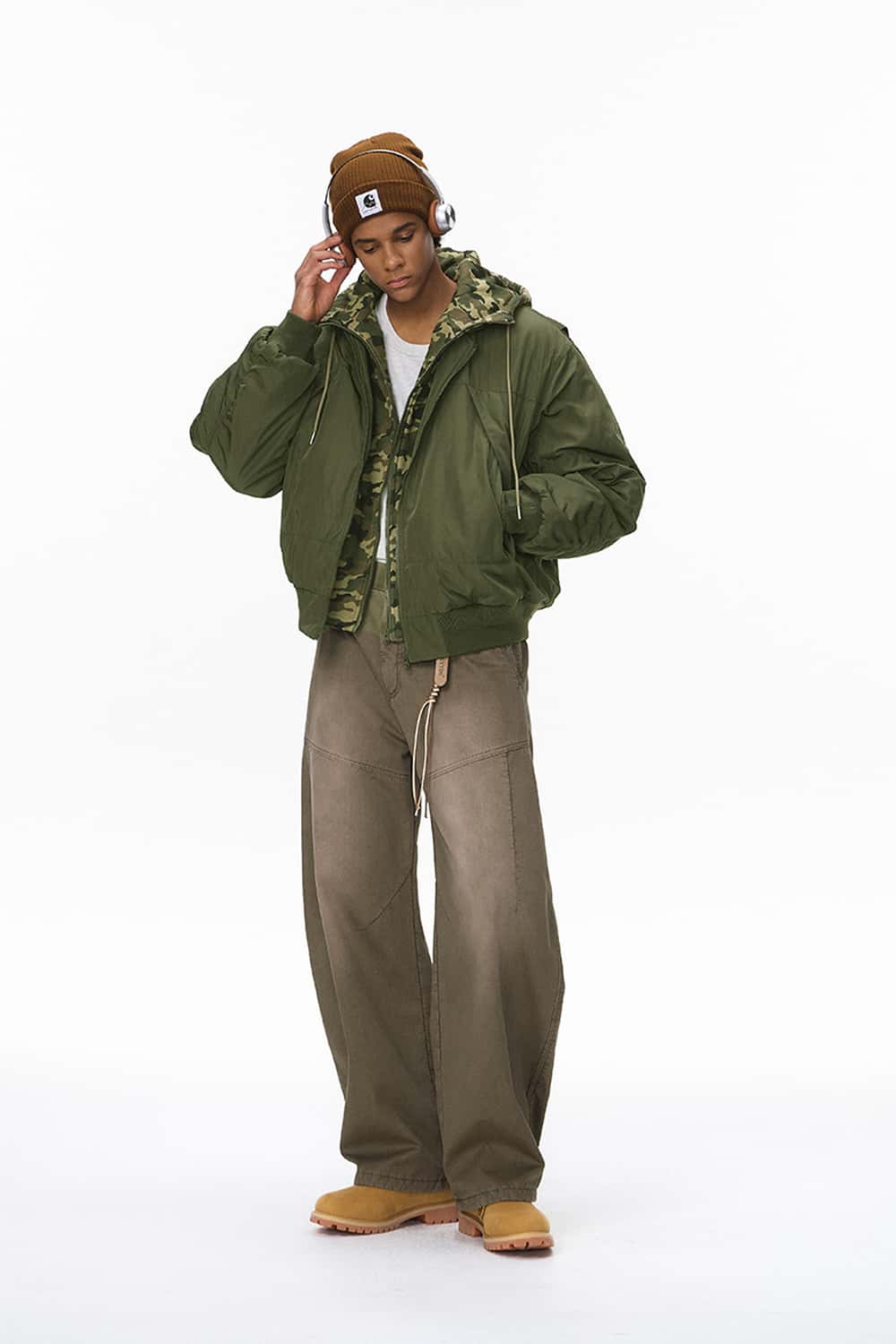 Detachable Hood Bomber Jacket - Olive