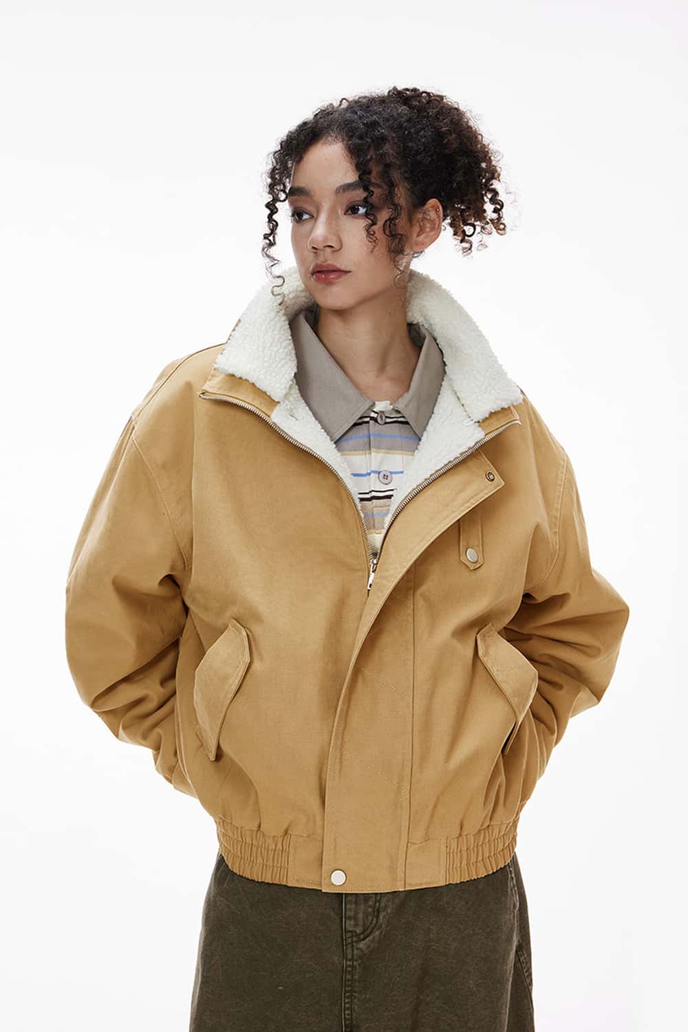 Detachable Collar Utility Jacket - Khaki