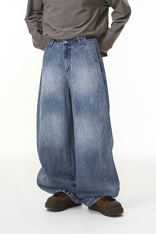 Washed Curved-Leg Denim Pants - Blue