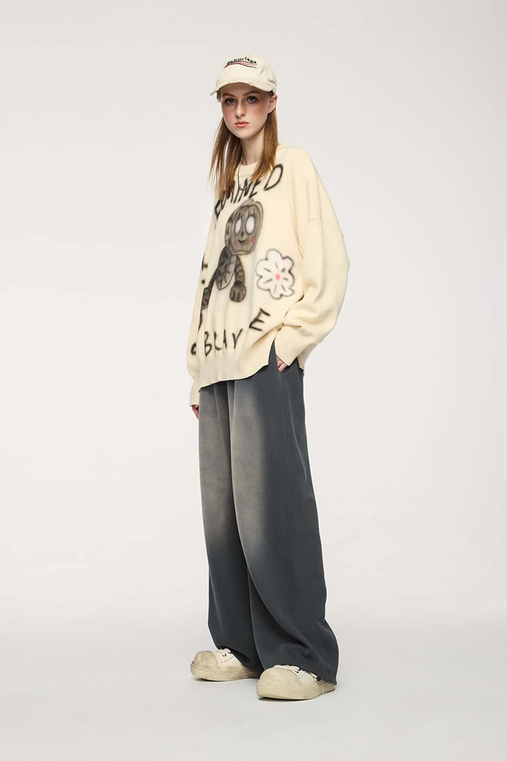 Washed Wide-Leg Sweatpants - Dark Gray