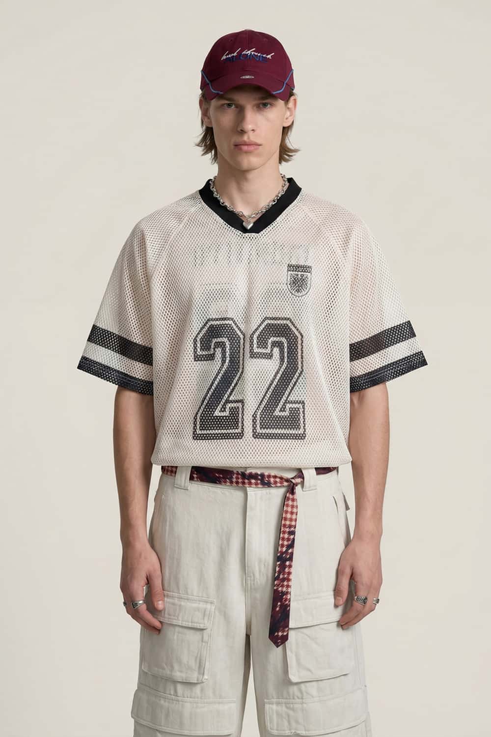 Open Mesh Number Loose Jersey Tee - Apricot