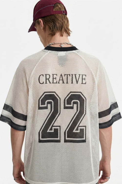 Open Mesh Number Loose Jersey Tee - Apricot