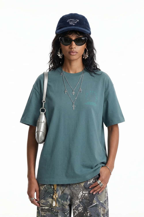 Raised Back Graphic Relaxed Tee - Blueish Green