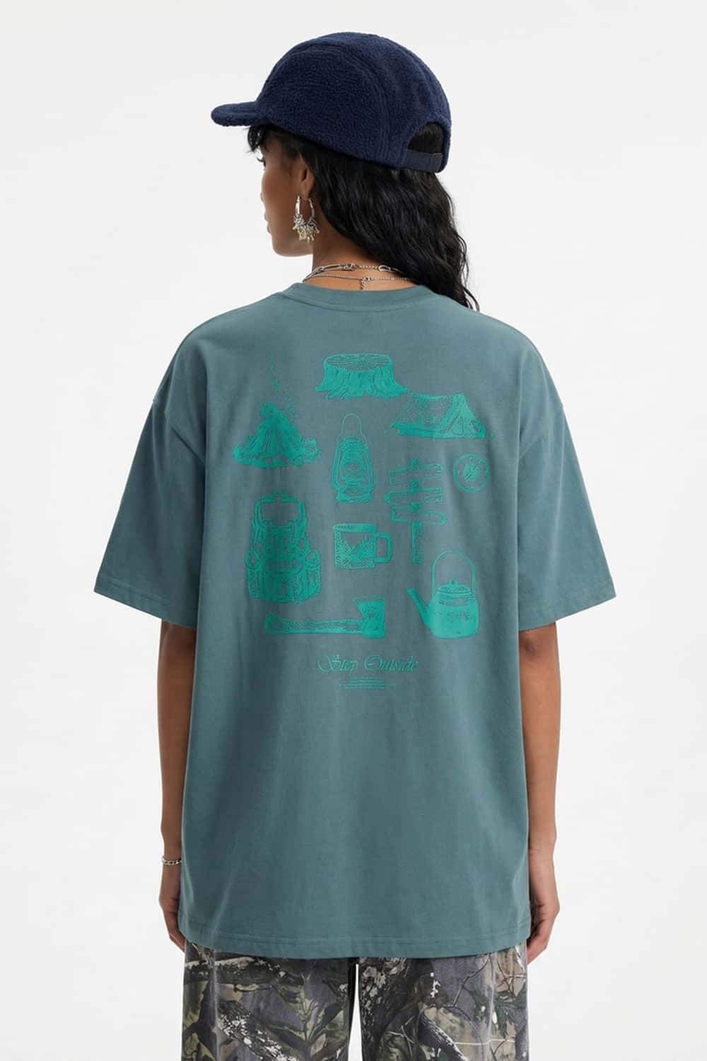 Raised Back Graphic Relaxed Tee - Blueish Green