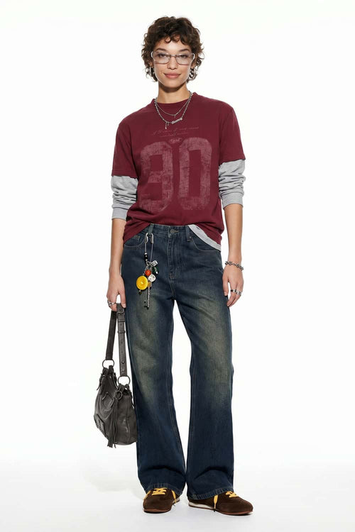 Washed Slight-Flare Wide-Leg Jeans - Grayish Coffee