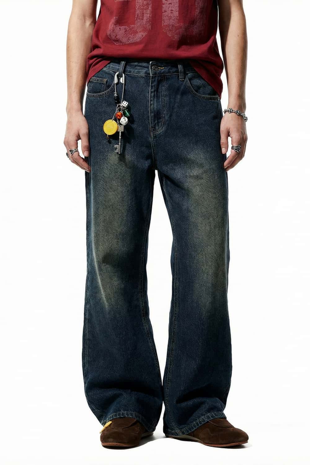 Washed Slight-Flare Wide-Leg Jeans - Grayish Coffee